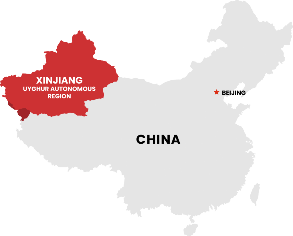 Map of China, highlighting Xinjiang region