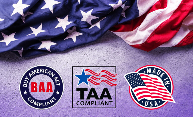 American flag with representative BAA, TAA, and Made in America logos