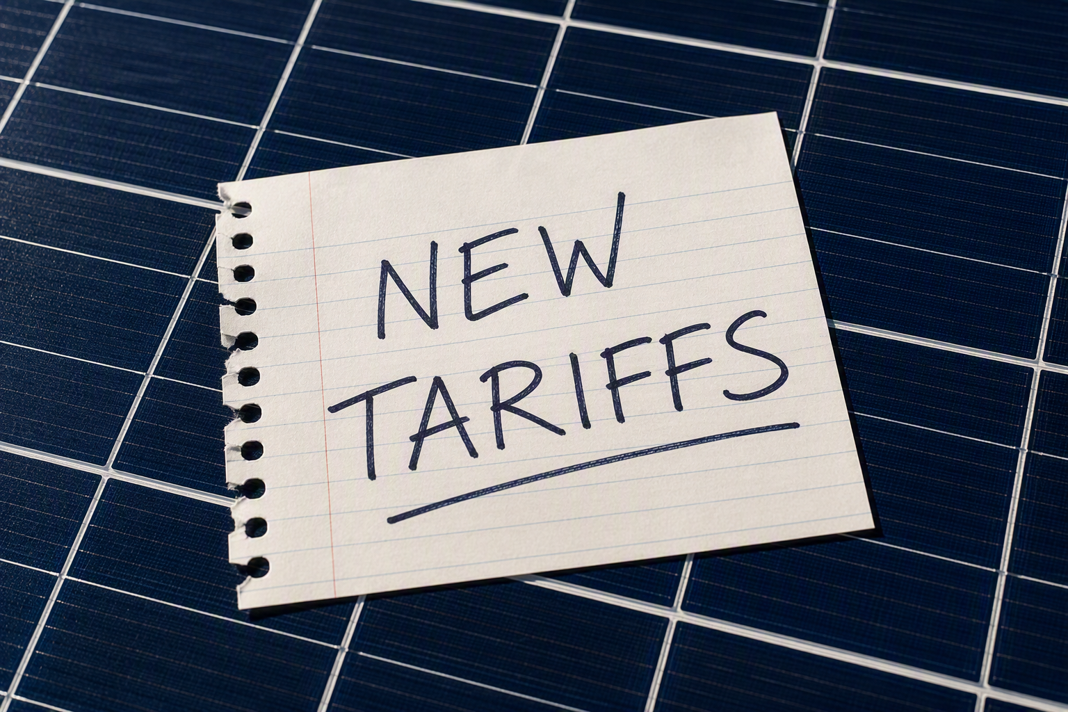 Solar panel grid with a note reading "New Tariffs"